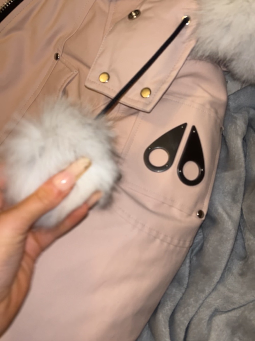 Moose Knuckles Blush Pink Puffer Parka with Fur Pom